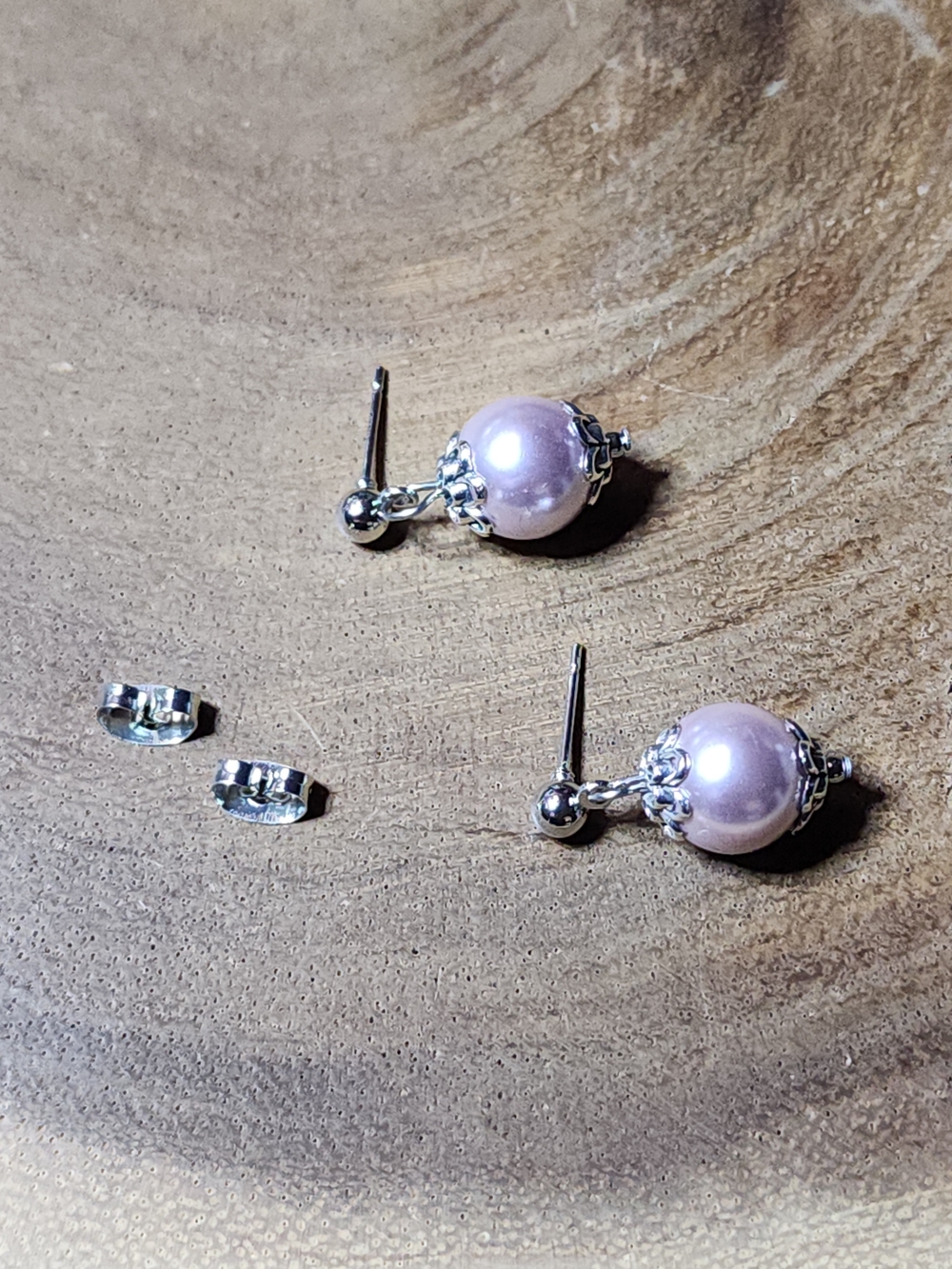 Hand Crafted Pink Pearl Drop Earrings with Silver Toned Accents - Picture 4 of 6